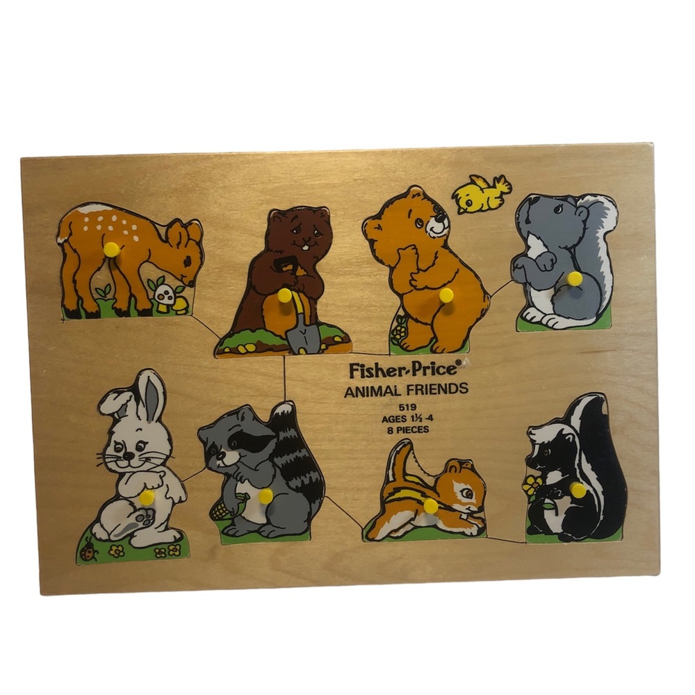 Vintage Cute Animal Friends Puzzle Wooden Pegs Fisher Price #519 1970s 8 pieces
